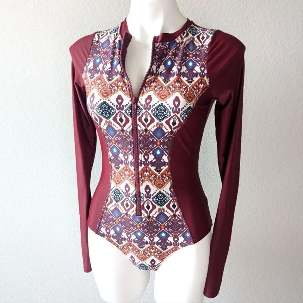 Maroon Patterned Long Sleeve Women's Swim Suit